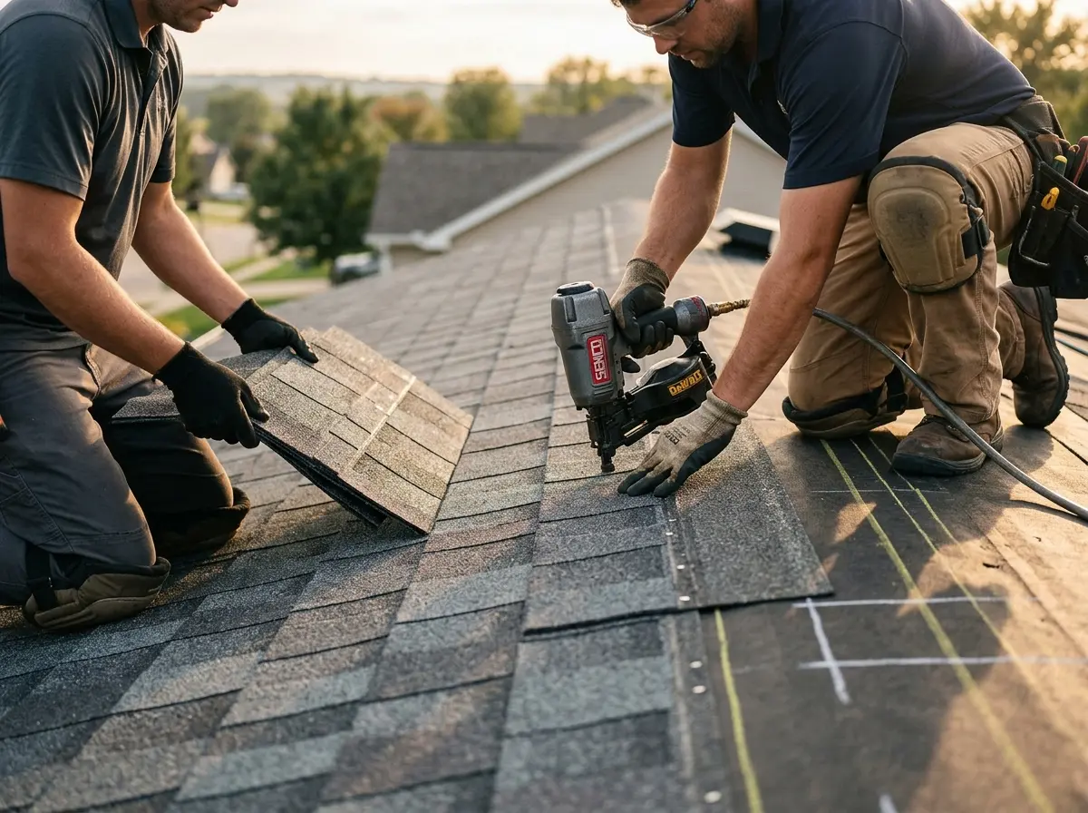 Professional roofer working on a residential roof in Dripping Springs
